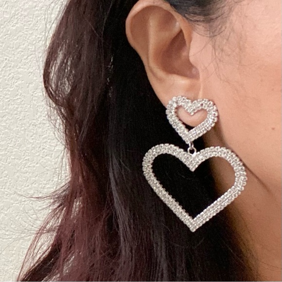 Unsigned Silver-tone Open Heart Pave Clear Rhinestones Hearts Drop Earrings 12g. - Picture 2 of 12